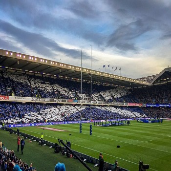 Interior of Murrayfield depicting the national flag of Scotland, the Saltire, in the stands