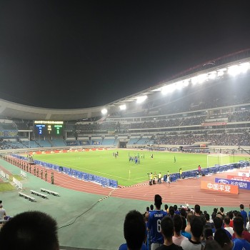An inner view of Nanjing Olympic Sports Center after a match between Jiangsu Suning F.C. and Beijing Guoan in August 2016.