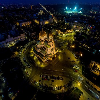 Alexander Nevsky Cathedral, Sofia, Bulgaria. Parliament, Tzar Osvoboditel Monument, Sofia University, Vasil Levski National Stadium in the background.