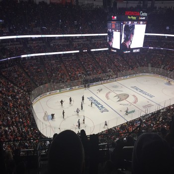 The New Scoreboard at Honda Center as seen from Section 438 during the 2016 Stanley Cup Play-offs on April 27, 2016