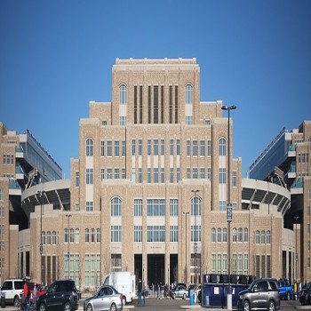O'Neill Hall and the main entrance of the stadium after completion of the Campus Crossroads project.