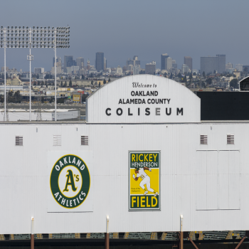 Scoreboard with view of Downtown Oakland