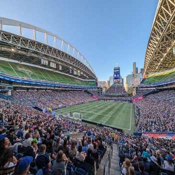 The stadium with its upper tier covered during an OL Reign match in 2023