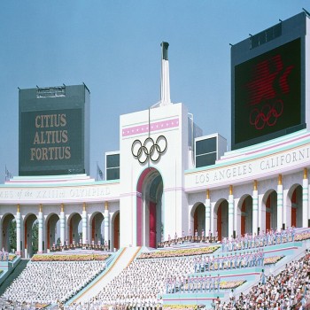 Olympic Torch Tower at the Los Angeles Memorial Coliseum during the opening ceremonies at the 1984 Summer Olympics.