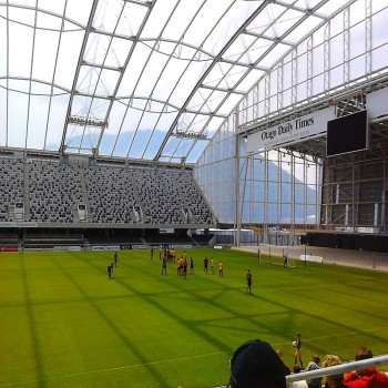 A football match being played in the Forsyth Barr Stadium between Otago United and Waikato FC in the 2011–12 ASB Premiership