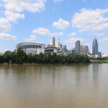 The stadium viewed from the river in 2022