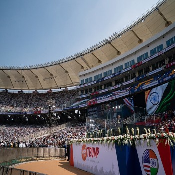 The stadium during the Namaste Trump event, as US president Donald Trump gives a speech