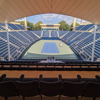 A view of the stadium from the South side spectator area on a non-matchday.
