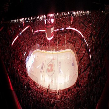 Panoramic view of the interior of the Saddledome, and the "C of Red", prior to a Calgary Flames playoff game