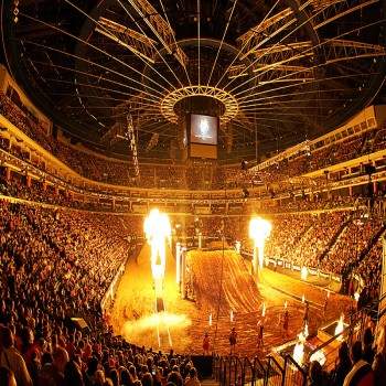 Interior of the Sazka Arena (now O2 Arena) in Prague, during a motorcycling show event.