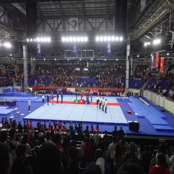 Inside the Rizal Memorial Coliseum in Malate, Manila during a SEA Games 2019 gymnastics event
