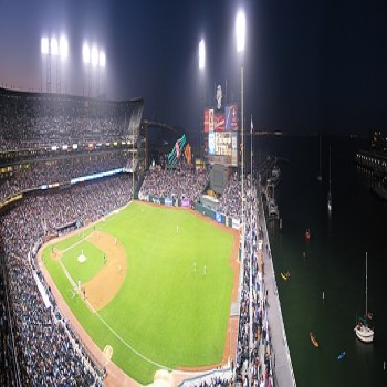 Oracle Park, with the Bay Bridge in the background and McCovey Cove on the right