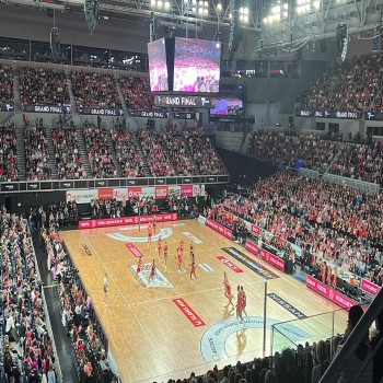 Panoramic photo of John Cain Arena during the 2023 Suncorp Super Netball Grand Final