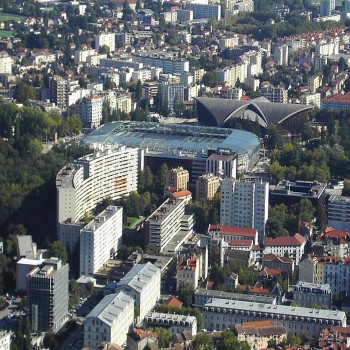 Stade des Alpes and Palais des Sports from the Bastille in Grenoble