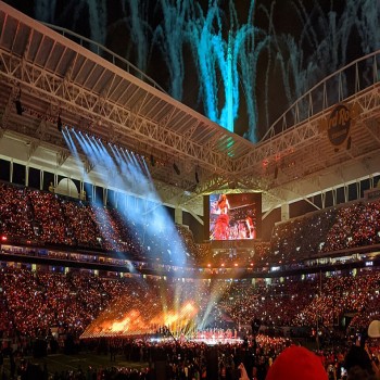 Jennifer Lopez and Shakira performing in the Super Bowl LIV halftime show at the stadium in February 2020