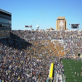 The Word of Life mural, commonly known as Touchdown Jesus, is visible from inside the stadium.