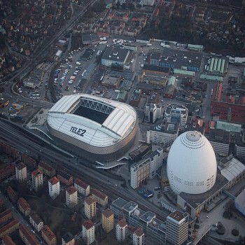 Tele2 Arena and Ericsson Globe, view from airplane