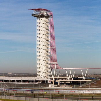 The Observation Tower from turn 3 on race day at Circuit of the Americas in Austin, Texas. This 250 foot (77 meter) high