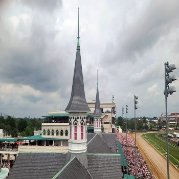 The iconic Twin Spires atop the Grandstand at Churchill Downs, adorned with pink for the 2024 Kentucky Oaks.