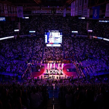 The formerly xl center (now PeoplesBank Arena) with a sold out crowd for UConn Basketball