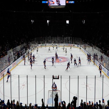 Islanders warmups prior to a 2019 game at the renovated Coliseum.