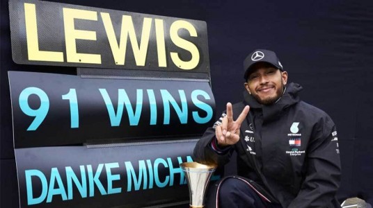 Lewis Hamilton achieved record-equalling 91st victory at the...